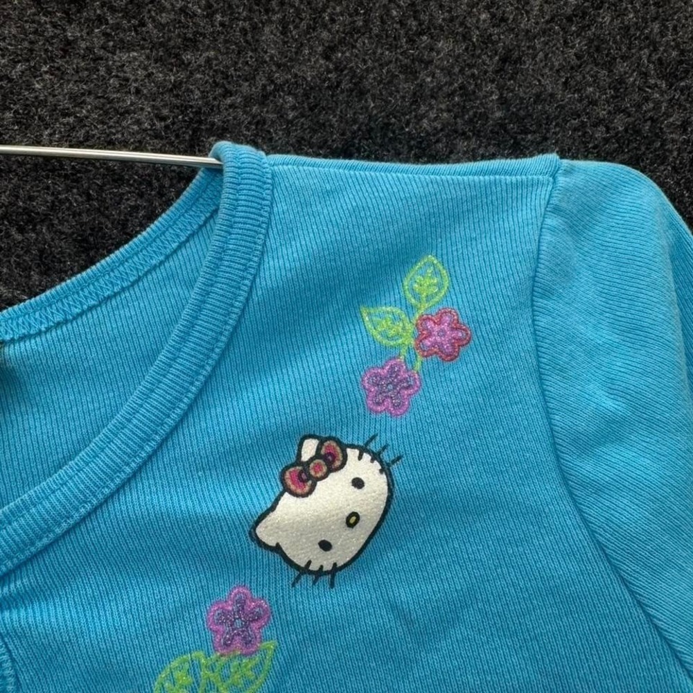 Vintage Hello Kitty Blue Ribbed Floral Keyhole Baby Tee Top Womens XS - Picture 3 of 8